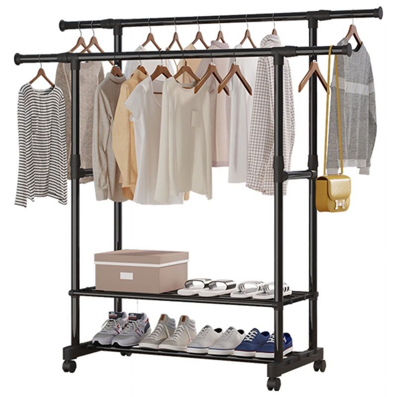 Photo 1 of 2 Tiers Clothes Rack, Double Rails Rolling Garment Rack, Clothes Rack or Hanging Rack, Double Rods Clothing Rack with Bottom Shelf