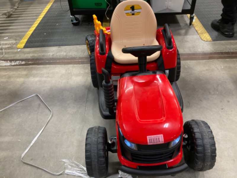 Photo 4 of 12V 7AH Ride on Tractor w/Tiltable Trailer & Remote Control, 2x45W Motors, Bluetooth, Music, Shifter, Electric Car for Kids Ages 2-5, Red