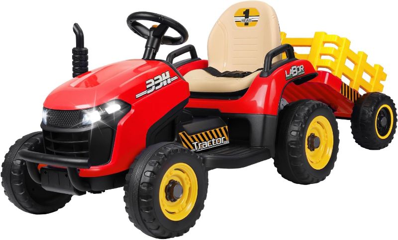 Photo 1 of 12V 7AH Ride on Tractor w/Tiltable Trailer & Remote Control, 2x45W Motors, Bluetooth, Music, Shifter, Electric Car for Kids Ages 2-5, Red