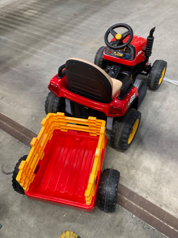 Photo 3 of 12V 7AH Ride on Tractor w/Tiltable Trailer & Remote Control, 2x45W Motors, Bluetooth, Music, Shifter, Electric Car for Kids Ages 2-5, Red