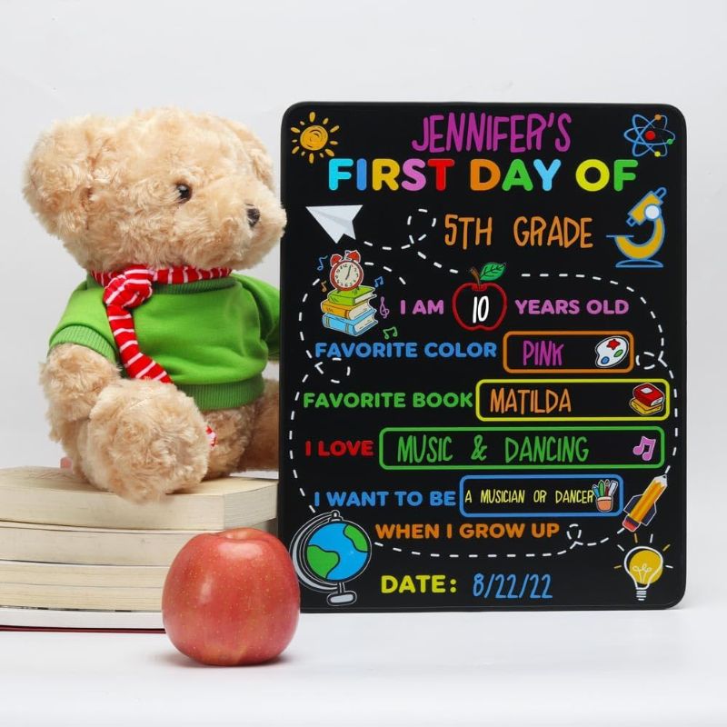 Photo 1 of 2 pks- SEVADA First Day of School Board Sign, 14x11 in Back to School Chalkboard Sign, Double-Sided My First Day of School Sign Reusable, 1st and Last Day of Grade Kindergarten Preschool Sign for Kids