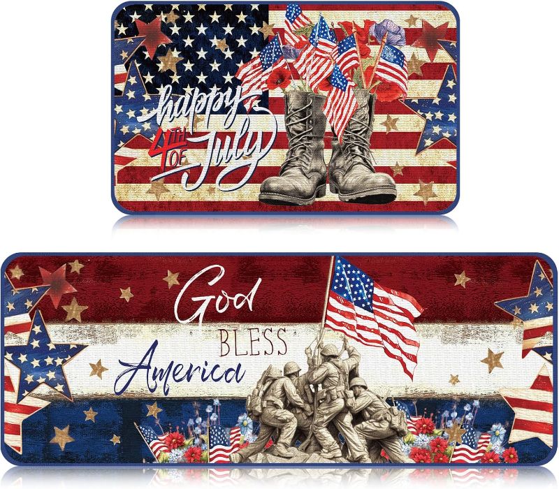 Photo 1 of 2 Pcs 4th of July Kitchen Rugs Patriotic Mats Independence Day Rugs Gnome Memorial Day Red White Blue Doormat American Flag Truck 4th of July Kitchen Decor 17"x47", 17" X29''(Bright)