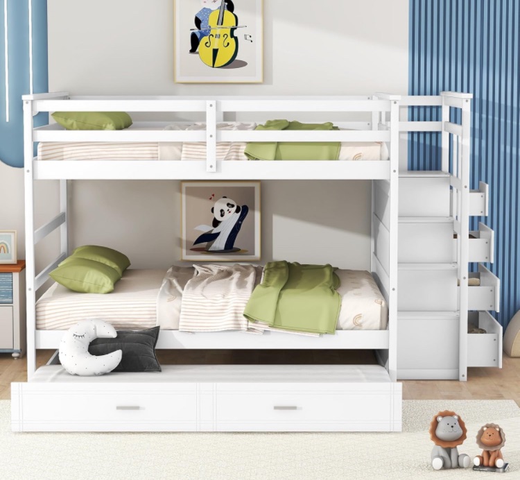 Photo 1 of Harper & Bright Designs Full Over Full Bunk Bed with Storage, Wooden Bunk Bed with Trundle and Staircase, White