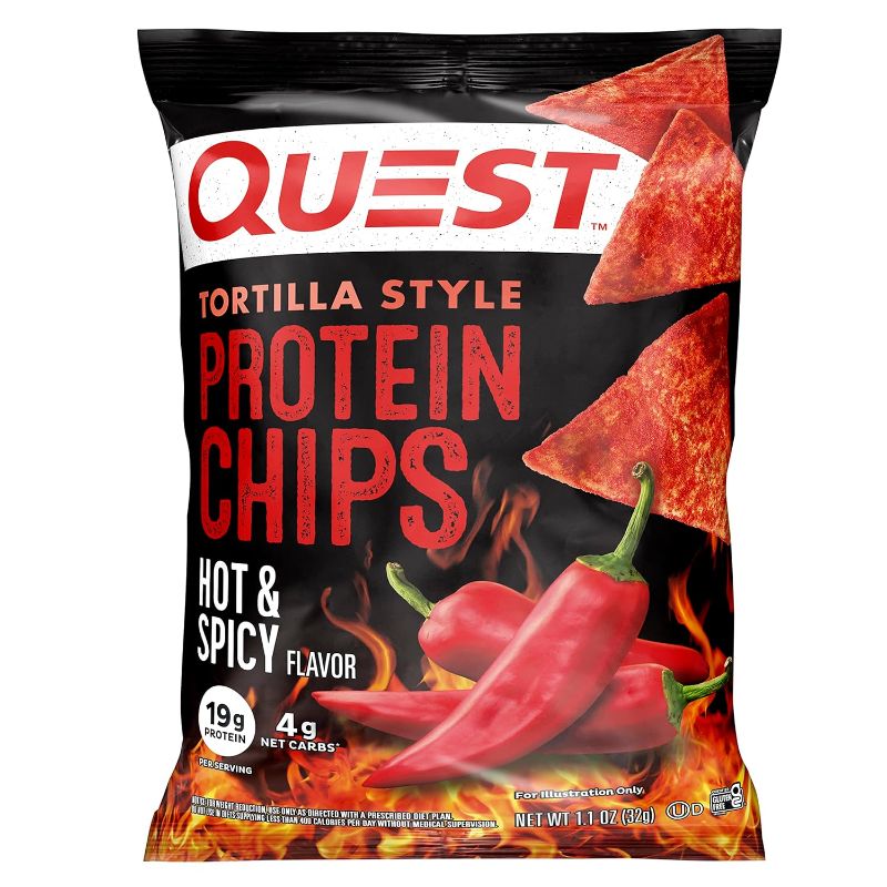 Photo 1 of ***BEST BY 7/25/25*** Quest Nutrition Tortilla Style Protein Chips, Hot & Spicy, 19g of Protein, 4g Net Carbs, Gluten Free, 1.1 Ounce (Pack of 11)