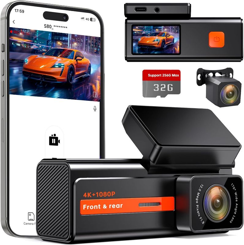 Photo 1 of (READ FULL POST) Dash Cam Front and Rear, Veement S80 4k+1080P Dual Dashcam for Cars, WiFi Mini Dash Camera,1.47” Display Car Camera,170°Wide, Night Vision, 24H Parking Mode, G-Sensor, App, 32GB Card Included
