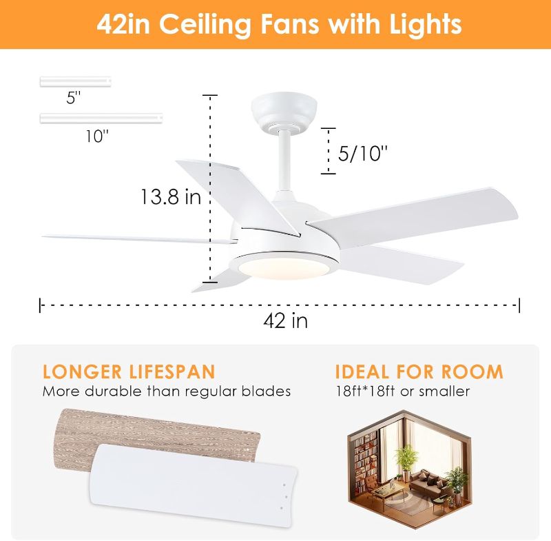 Photo 4 of (READ FULL POST) CHESUR Ceiling Fans with Lights - 42" Low Profile Ceiling Fan Lights with 5 Blades, White Modern Ceiling Fan with Lights and Remote/APP, Dimming, 3CCT, Fan Light Fixture for Indoor Covered Outdoor