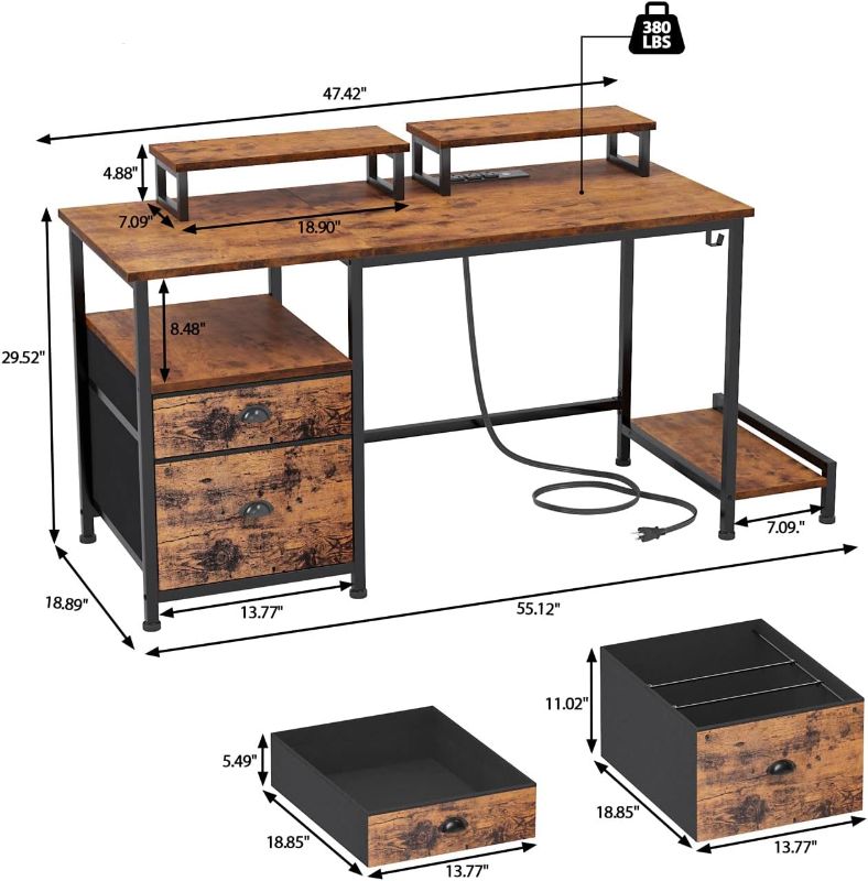 Photo 1 of (read full post) Furologee Computer Desk with Drawer and Power Outlets, 47 Inch Office Desk with 2 Monitor Stands and Fabric File Cabinet, Writing Gaming Table with Shelves and Storage Shelves

