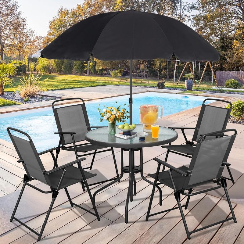 Photo 1 of **BROKEN TABLE - CHAIR ONLY** **TRUCK / TRAILER PICK UP**
6 Piece Folding Patio Dining Set,Small Metal Outdoor Garden Patio Table and Chair Set w/Umbrella for Lawn,Deck,Backyard,Black