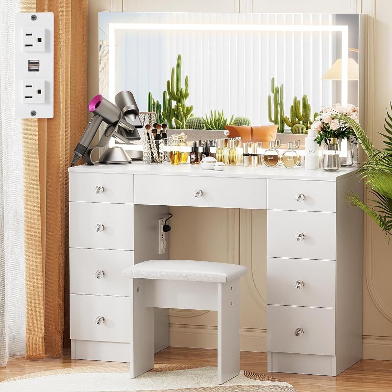 Photo 1 of ***STOCK PHOTO FOR REFERENCE ONLY - ACTUAL ITEM MAY DIFFER - LIKELY MISSING PARTS***
VOWNER Vanity with Lighted Mirror - Makeup Vanity Desk with Power Outlet and 9 Drawers, 3 Color Lighting Modes Adjustable Brightness, 43" Vanity Table with Soft Cushioned