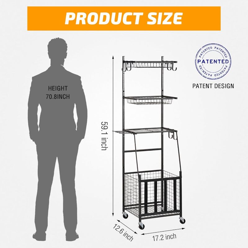 Photo 3 of (PARTS) PLKOW Sports Equipment Storage for Garage, Indoor Outdoor Sports Rack for Garage, Ball Storage Garage Organizer with Basket and Hooks,Toy Sports Gear Storage