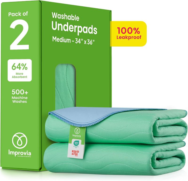 Photo 1 of **APPEARS UNUSED - ONE MISSING**
IMPROVIA Washable Bed Pads Heavy Absorbency Reusable Incontinence Pads, 18" x 24” 3-Pack