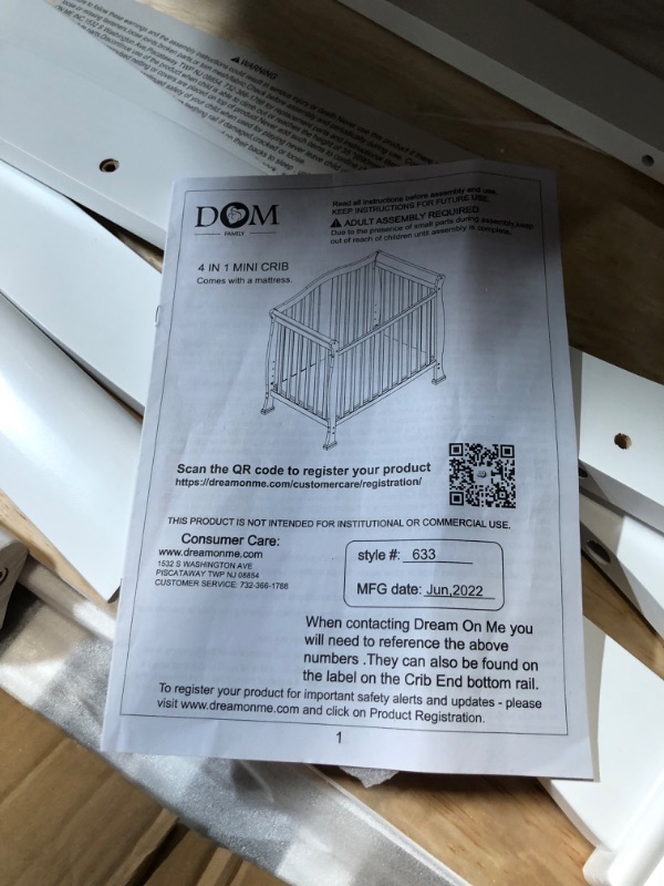 Photo 4 of ***PREVIOUSLY ASSEMBLED - LIKELY MISSING PARTS - UNABLE TO VERIFY FUNCTIONALITY - SEE PICTURES***
 Dream On Me Addison 4-In-1 Convertible Mini Crib In White, Greenguard Gold Certified, Non-Toxic Finishes, Built Of New Zealand Pinewood, Comes With 1” Mattr
