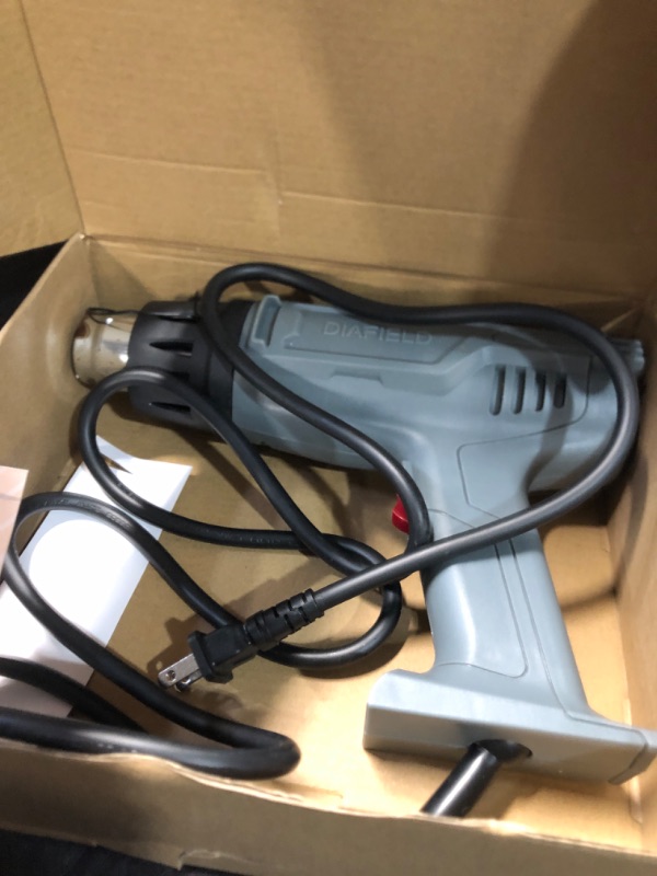 Photo 2 of ***ITEM TESTED FOR POWER, UNABLE TO TEST FURTHER***
DIAFIELD 1850W Heat Gun 10 Variable Temperature Settings 112?~1202??44?- 650?), Fast Heat Hot Air Gun, Durable & Overload Protection, with 4 Nozzels for Shrink Wrap, Vinyl, Crafts, Epoxy Resin(5.9FT)