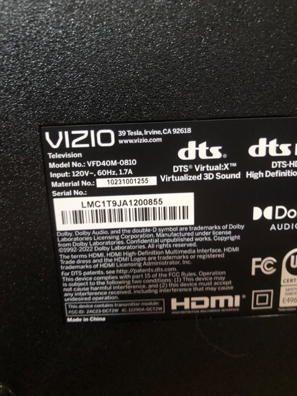 Photo 5 of **Powers on ***Look at notes and photo 
VIZIO 40-inch Full HD 1080p Smart TV with DTS Virtual: X, Alexa Compatibility, Chromecast Built-in, Bluetooth Headphone Capable, (VFD40M-08 New)