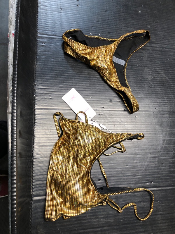 Photo 1 of ***NON REFUNDABLE***
FYMNSI Rave Outfits for Women 2 Piece Shiny Holographic Metallic Cutout Tank Crop Top High Waist Panties Booty Shorts Bottom Hologram Tankini Swimsuit Bikini Set Beach Wear Clubwear Gold M