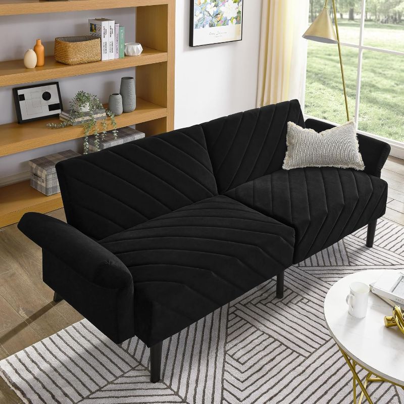 Photo 1 of ***PHOTO AS reference ** Naomi Home Raven Modern Futon Sofa Bed, Convertible Sofa Futon, Split Back Linen Sleeper Couch for Living Room, Mid Century Modern Couch Bed, Fold Out Couch Bed with Tapered Legs BLACK