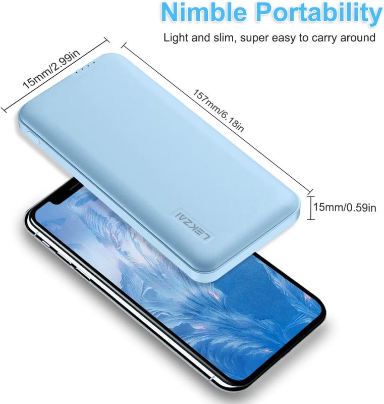 Photo 3 of (READ FULL POST)  Lekzai 15000mAh Portable Charger, Power Bank Slim 5V 2.1A Dual USB and USB C Fast Input, External Power Bank for iPhone, Smartphones and More -Cream Blue
