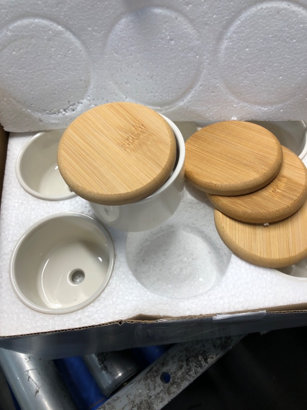 Photo 2 of ***MISSING TWO TRAYS***12 Sets Succulent Plant Pot Ceramic Succulent Pots Container White Cactus Pots with Bamboo Tray Small Cylinder Flower Planter Pot with Bamboo Saucers for Plants Indoor Outdoor (3 x 2.17 Inch)