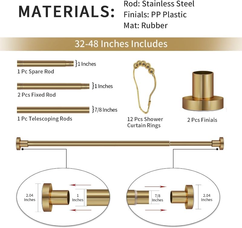 Photo 4 of (READ FULL POST) Tension Curtain Rods 32-48 Inches (2.6-4ft) with 12 Shower Curtain Rings, Adjustable Gold Tension Rod No Drilling, Rust-Resistance Non-slip, Suitable for Closet Wardrobe, Stainless Steel, Gold