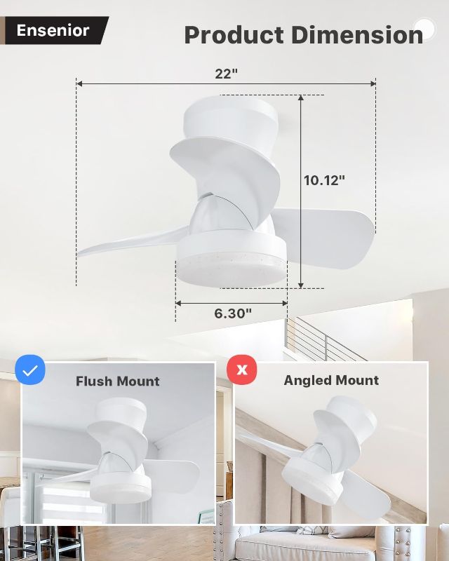 Photo 4 of (READ FULL POST) Ensenior 22 Inch Small Ceiling Fan with Lights and Remote, Ceiling Fan with Light Flush Mount, 3000K-6000K Colors and 6 Speeds, Low Profile Ceiling Fan Light for Bedroom and Living Room - White