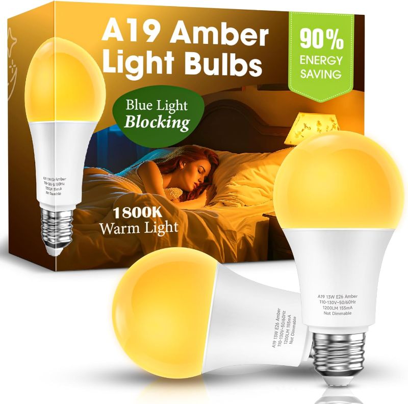 Photo 1 of 
***STOCK PHOTO REFERENCE ONLY***Roll over image to zoom in
Sleep Light Bulb 100 Watt Equivalent 13W, Blue Light Blocking, 1800K Amber Color Light Bulbs, A19 Warm Light Bulb for Healthy Sleep and Baby Nursery Kids Bedroom, 2 Pack