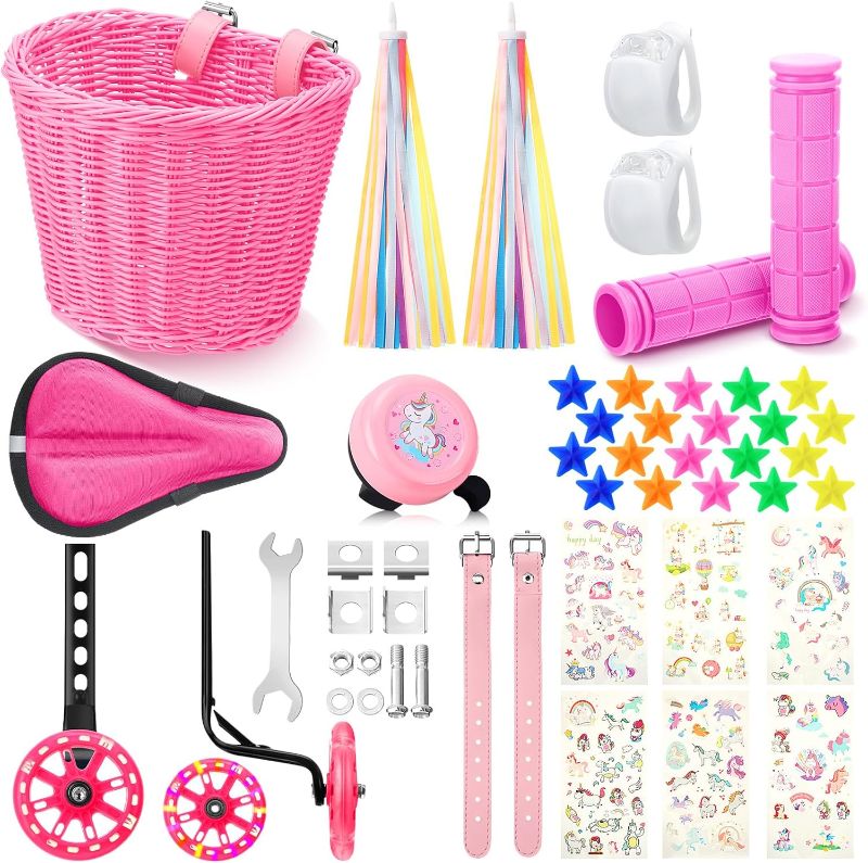 Photo 1 of **MISSING BASKET**
Kid's Bike Basket for Girls Boys Bicycle Accessories Set Front Training Wheels for 12-20 Inch Seat Cushion Streamers Bell Stickers Handlebar Grips Bicycle Light Bead
