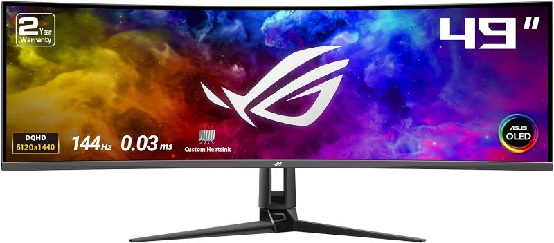 Photo 1 of **NO POWER BRICK -NO CABLES - JUST MONITOR AND STAND** **BACK OF MONITOR SCRATCHED AND DUSTY**
ASUS ROG Swift 49” Curved QD-OLED Gaming Monitor (PG49WCD) - Dual QHD 32:9 (5120x1440), 144Hz, 0.03ms, G-SYNC Compatible, Smart-KVM, 90W USB-C PD
