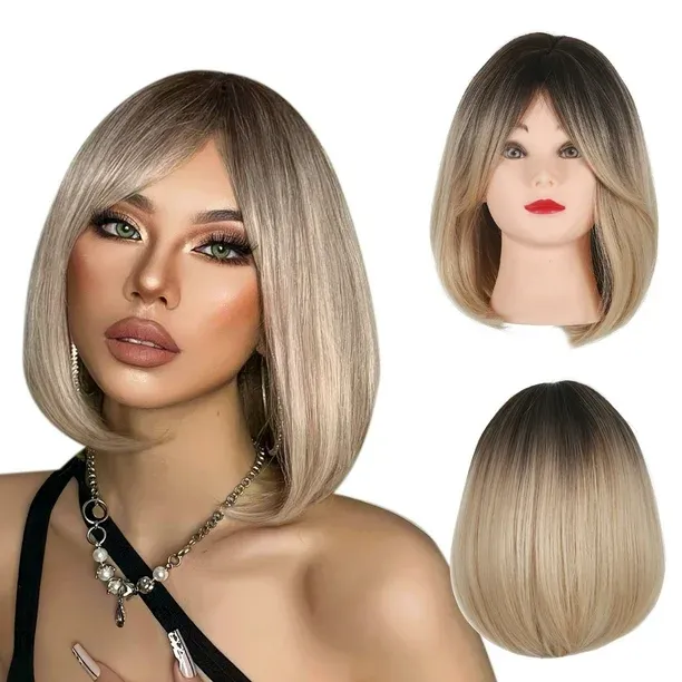 Photo 1 of  34cm Short Hair Wigs with Bangs Blonde Bobo Hair Wig 