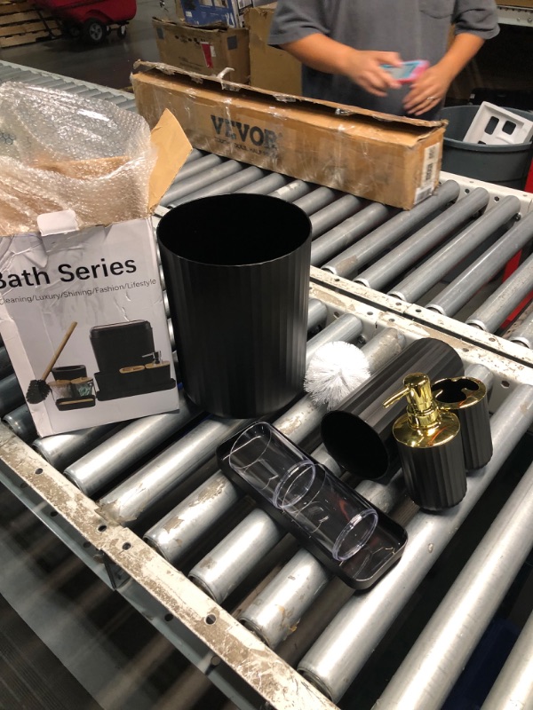 Photo 2 of ***MISSING PIECES/ SEE PICTURE***
XLHOMO 9PCS Black and Gold Bathroom Accessories Set Complete with Trash Can, Vanity Tray, Soap Dispenser, Soap Dish, Toothbrush Holder, Toothbrush Cup, Toilet Brush and Qtip Holders