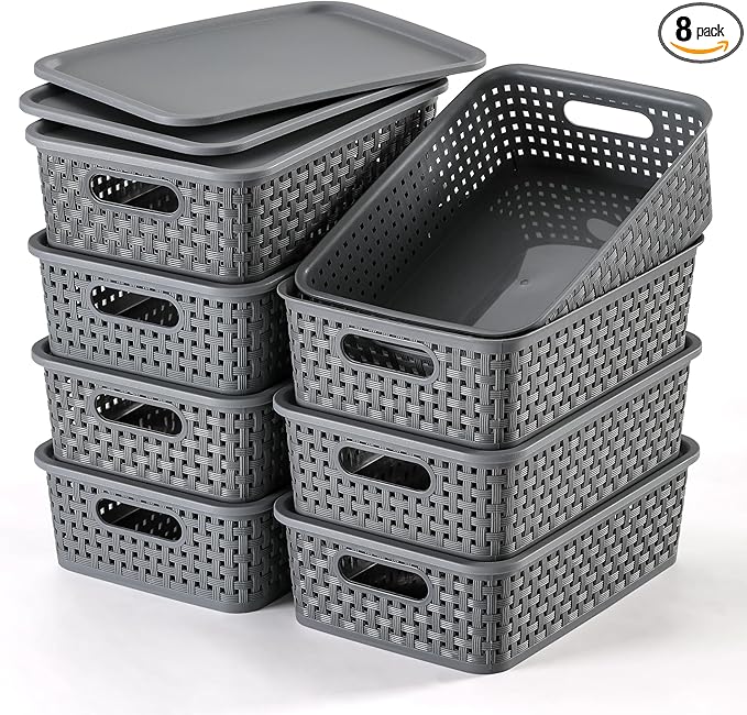 Photo 1 of [ 8 Pack ] Plastic Storage Baskets With Lids, Small Pantry Organization, Stackable Storage Bins, Household Organizers for Cabinets, Countertop, Drawers, Under Sink or On Shelves,Gray
