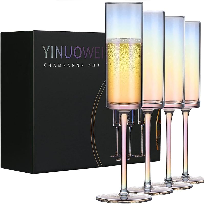 Photo 2 of 
YINUOWEI Champagne Flutes - Luster Iridescent Champagne Glasses, Lead-free Premium Crystal Gifts for Weddings, Anniversaries, Christmas - Set of 4, Colorful