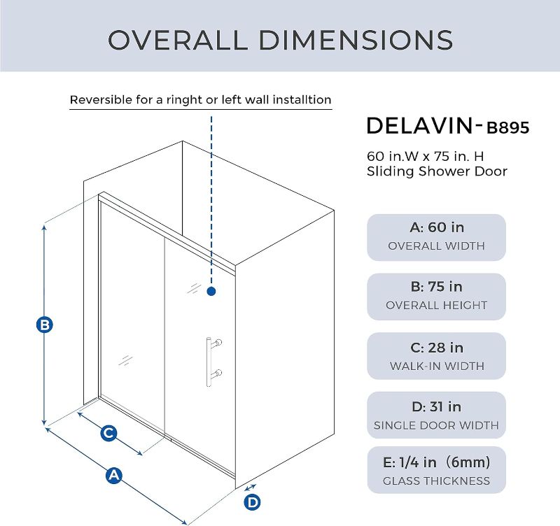 Photo 5 of **TRUCK OR TRAILER PICK UP ONLY** (READ FULL POST) DELAVIN 60.in W x 75.in Semi-Frameles Shower Door with Clear SGCC Tempered Glass and Easy Roller System?Black Shower Door with Water Seal Strips, Sliding Glass Shower Door with Explosion-Proof Film

