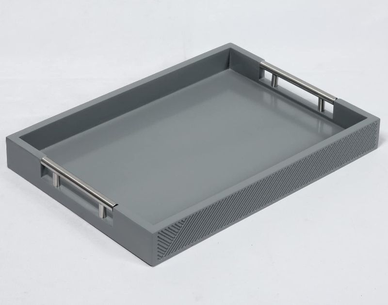 Photo 1 of **STOCK PHOTO FOR REFERENCE-MINOR DAMAGE TO BOTTOM**
Serving Tray with Polished Metal Handles, 16.5''x12'' Rectangle Coffee Table Tray, Modern Decorative Tray, Large Ottoman Tray, Perfect for Storage and Display (Grey)