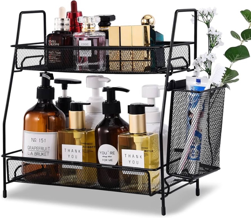 Photo 1 of ***Stock photo for reference*** LEMIKKLE Countertop Organizer for Bathroom Counter, The Organizer for Bedroom, Spice Rack Organizer for Kitchen Counter Shelf with Small Basket(Black)
