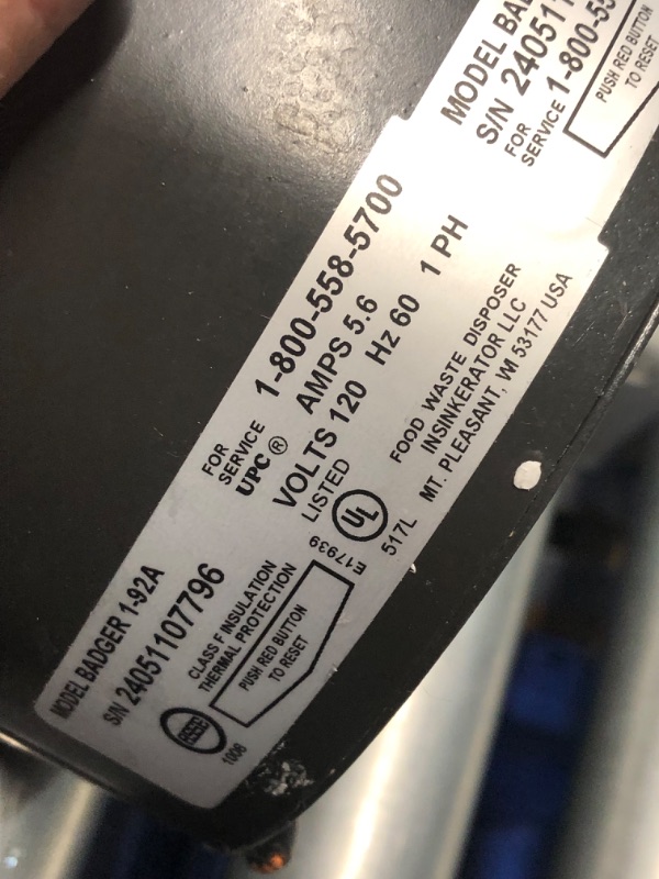 Photo 6 of ***MAJOR DAMAGE - POWER CORD CUT OFF - SEE PICTURES - UNABLE TO TEST - LIKELY MISSING PARTS***
InSinkErator Garbage Disposal with Power Cord, Badger 1, Standard Series, 1/3 HP Continuous Feed, Black