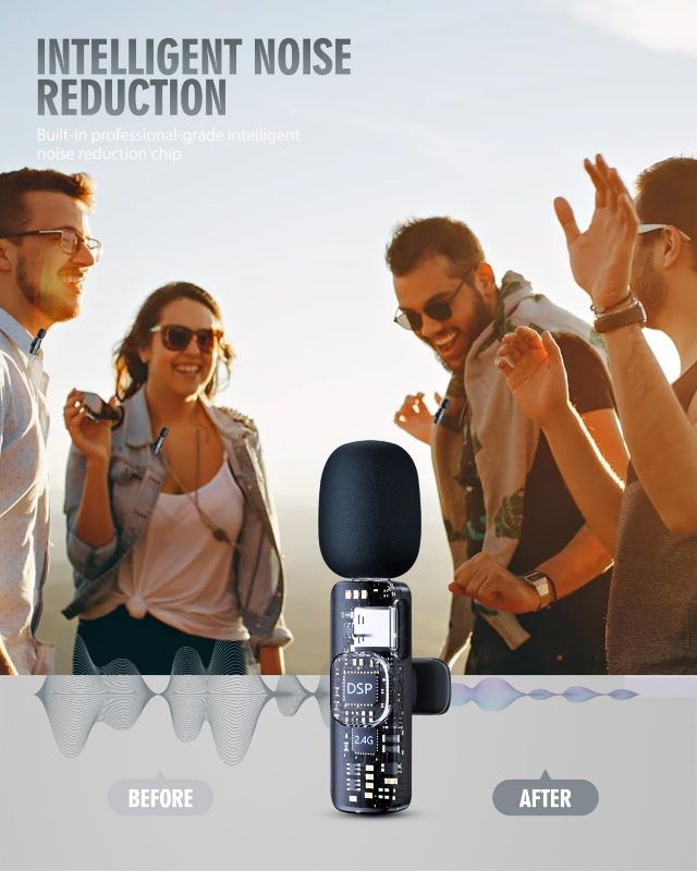 Photo 4 of (READ FULL POST) PQRQP 3 in 1 Wireless Microphone for iPhone, Android, Camera, USB-C Microphone, Wireless Lavalier Microphone, Mini Microphone, Noise Canceling Lapel Mic for Interview Video Podcast Vlog YouTube