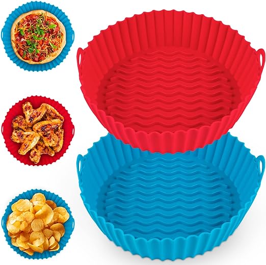 Photo 1 of 2 Pack Air Fryer Silicone Liners Pot for 3 to 5 QT, Basket Bowl, Replacement of Flammable Parchment Paper, Reusable Baking Tray Oven Accessories, Red+Blue