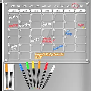 Photo 1 of  Magnetic Acrylic Calendar for Fridge Refrigerator Monthly Dry Erase Board w/ 8 Markers & Magnetic Pen Holder, Organic Glass Clear Planning Whiteboard Workout Board Meal Planner Magnetic 16x12''