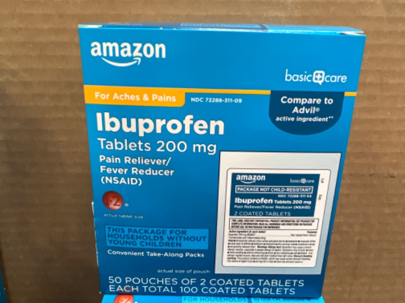 Photo 2 of Amazon Basic Care Ibuprofen Tablets, 200 mg, Pain Reliever and Fever Reducer, For Headache, Muscular Aches, Arthritis, Backache and More, 100 Count (Pack of 1) 100 Count (Pack of 1) Individual Pouches   EXP  05-2025