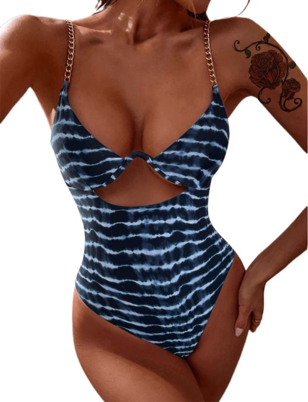 Photo 1 of Avanova Women's One Piece Swimsuit Cut Out Chain Straps Ribbed Swimwear Bathing Suits  large  Tie Dye Striped