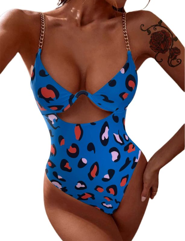 Photo 1 of Avanova Women's One Piece Swimsuit Cut Out Chain Straps Ribbed Swimwear Bathing Suits   XL  Leopard Blue