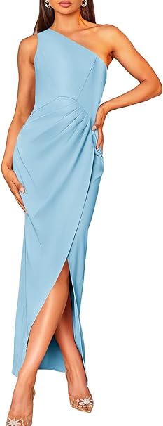 Photo 1 of Caracilia Women's 2024 One Shoulder Sleeveless Cocktail Dress Sexy High Slit Ruched Bodycon Wedding Guest Maxi Dresses    XL 