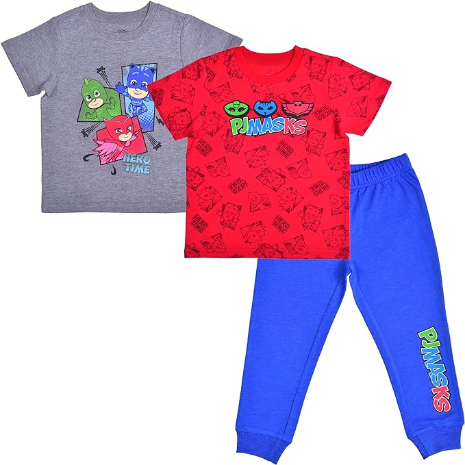 Photo 1 of    SIZE 5  PJ Masks Boy's 3 Piece, Two T-Shirts and Jogger Sweatpants for Toddler and Little Kids- Blue/Red/Grey 