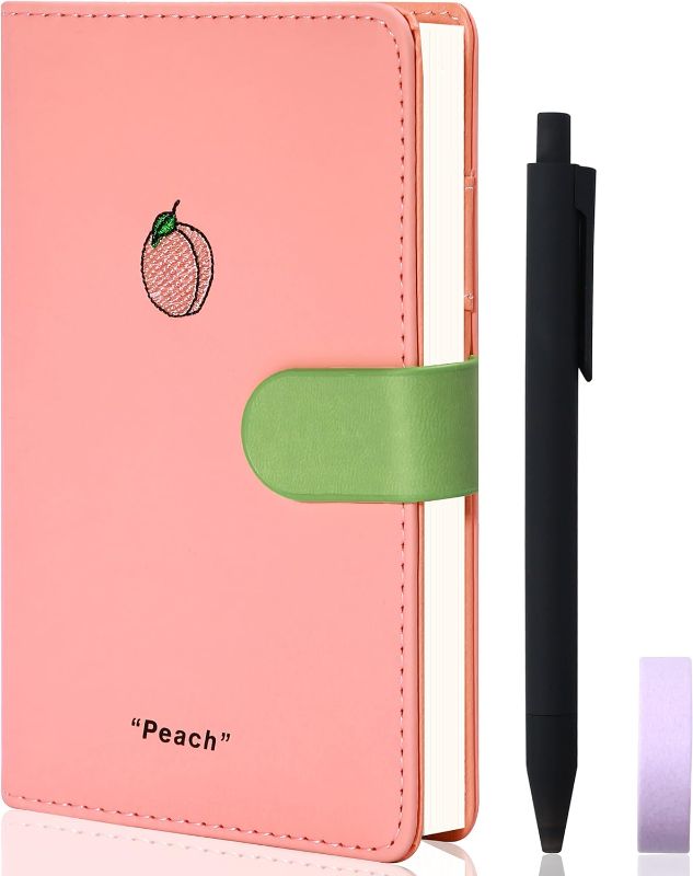 Photo 1 of Yoment Cute Pocket Notebook Leather Diary with Pen Fruit Mini Hardcover Notebook A6 Leather Peach Journal for Girl Boy Notebooks for Note Taking Refillable Journal, Pink Peach
