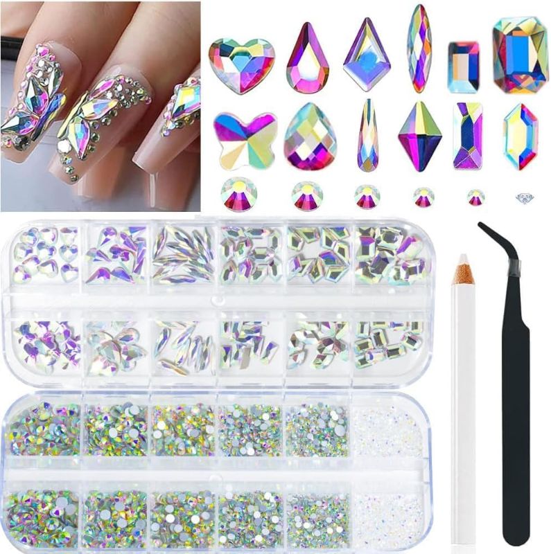 Photo 1 of 2680Pcs AB Nail Rhinestones, 120Pcs Big Colorful AB Nail Charms, Diamond Gems Stones with 2560Pcs AB Flatback Round Beads, Clear Acrylic Colored Glass Jewelry for Nails Faces Eyes Makeup Decoration
