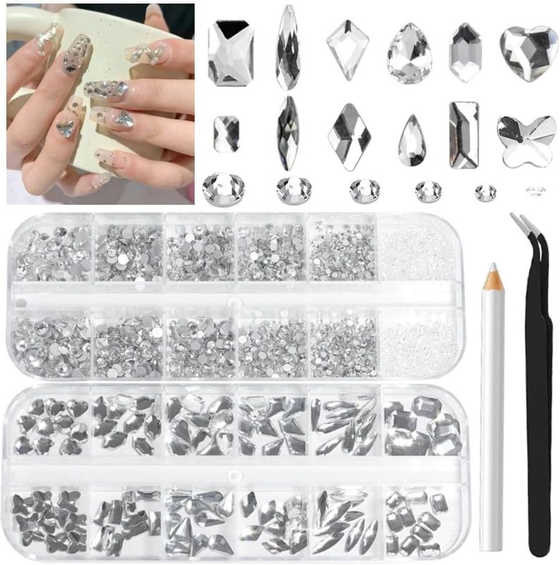 Photo 1 of 2680Pcs White Nails Rhinestones, 120Pcs Big Silver White Diamond Nail Gem Stones Charms with K9 Bling Flatback Round Beads, Clear Crystal Glass Jewelry for Nails Art Faces Eyes Makeup Decoration
