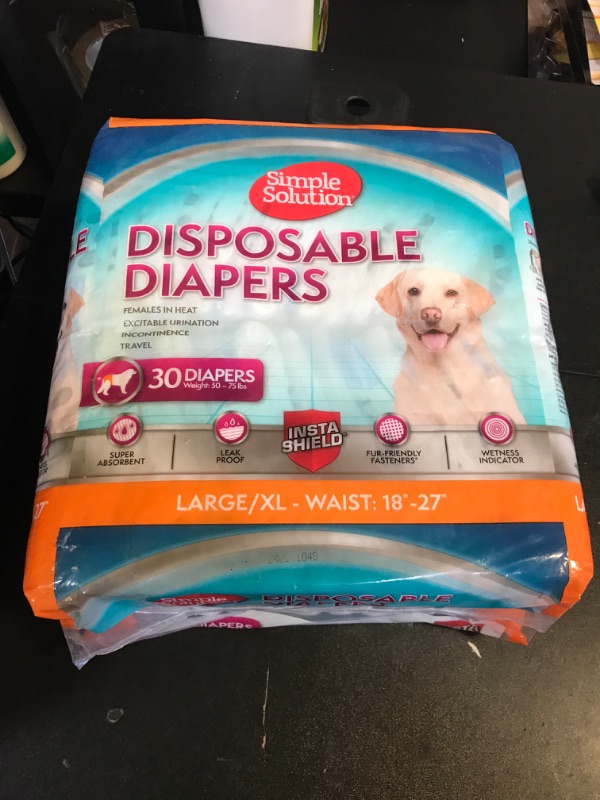 Photo 1 of Simple Solution Disposable Dog Diapers for Female Dogs, True Fit, Absorbent, Leak Proof with Wetness Indicator, XL Puppy & Doggie Period Pad and Pee Diaper, For Large Pets, 18-27 Inch Waist, 30 Count