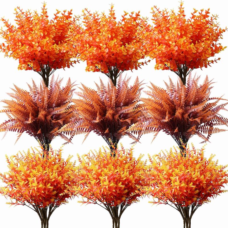 Photo 1 of 18PCS Artificial Fall Flowers Mums Plants for Outdoor Autumn Decoration UV Resistant Bulk Fake Fall Plastic Flowers Faux Boston Fern Eucalyptus Plant for Garden Patio Window Box Pot Indoor Home Decor
