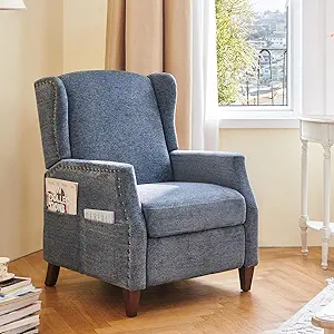 Photo 1 of COLAMY Wingback Pushback Recliner Chair with Storage Pocket, Upholstered Fabric Living Room Chair Armchair with Wood Legs and Nailhead Trim, DarkBlue
