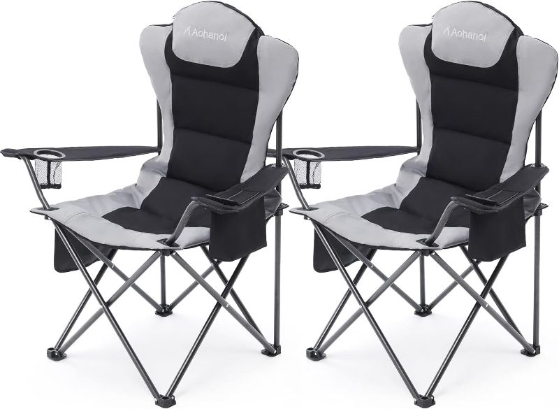 Photo 1 of  2 Pack Camp Chairs for Heavy People, Outdoor Folding Camping Chairs with Cup Holder & Cooler Bag for Outside Supports up to 300lbs (2 Pcs, Black) 